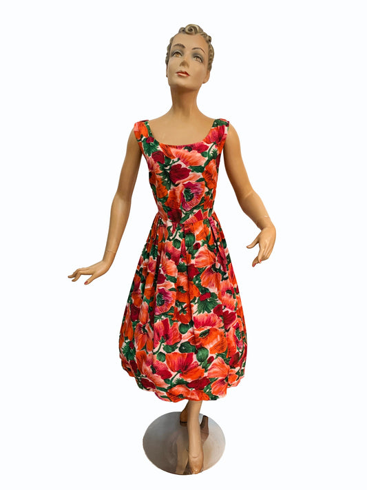 1950s Linen Cotton Flower Print Swing Dress | S