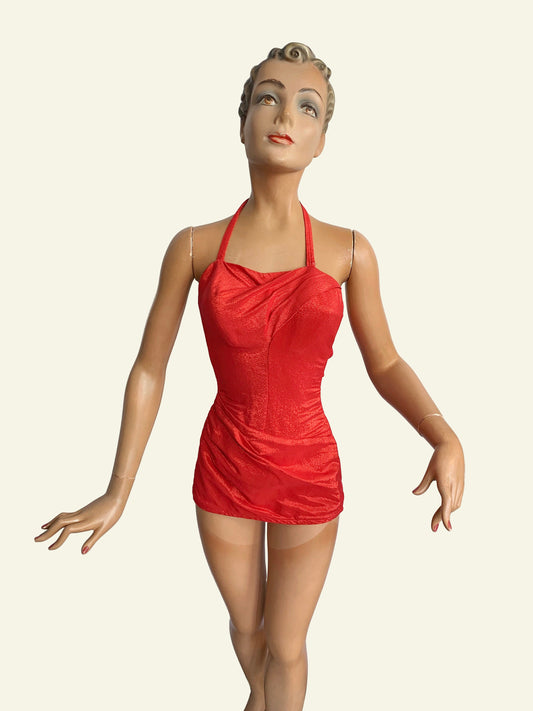 1950s Rose Marie Reid of California Red and Silver Lamé Pin-up Swimsuit | S
