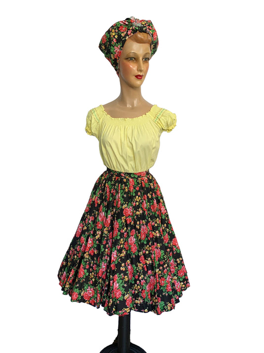1950s Cotton Skirt and Scarf | Size XXS