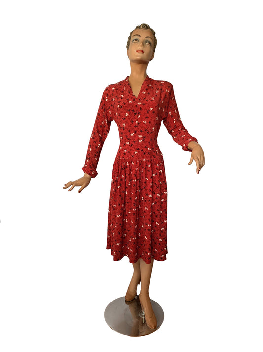 1940s Bouquets and Bicycles 1940s Novelty Print Dress | S