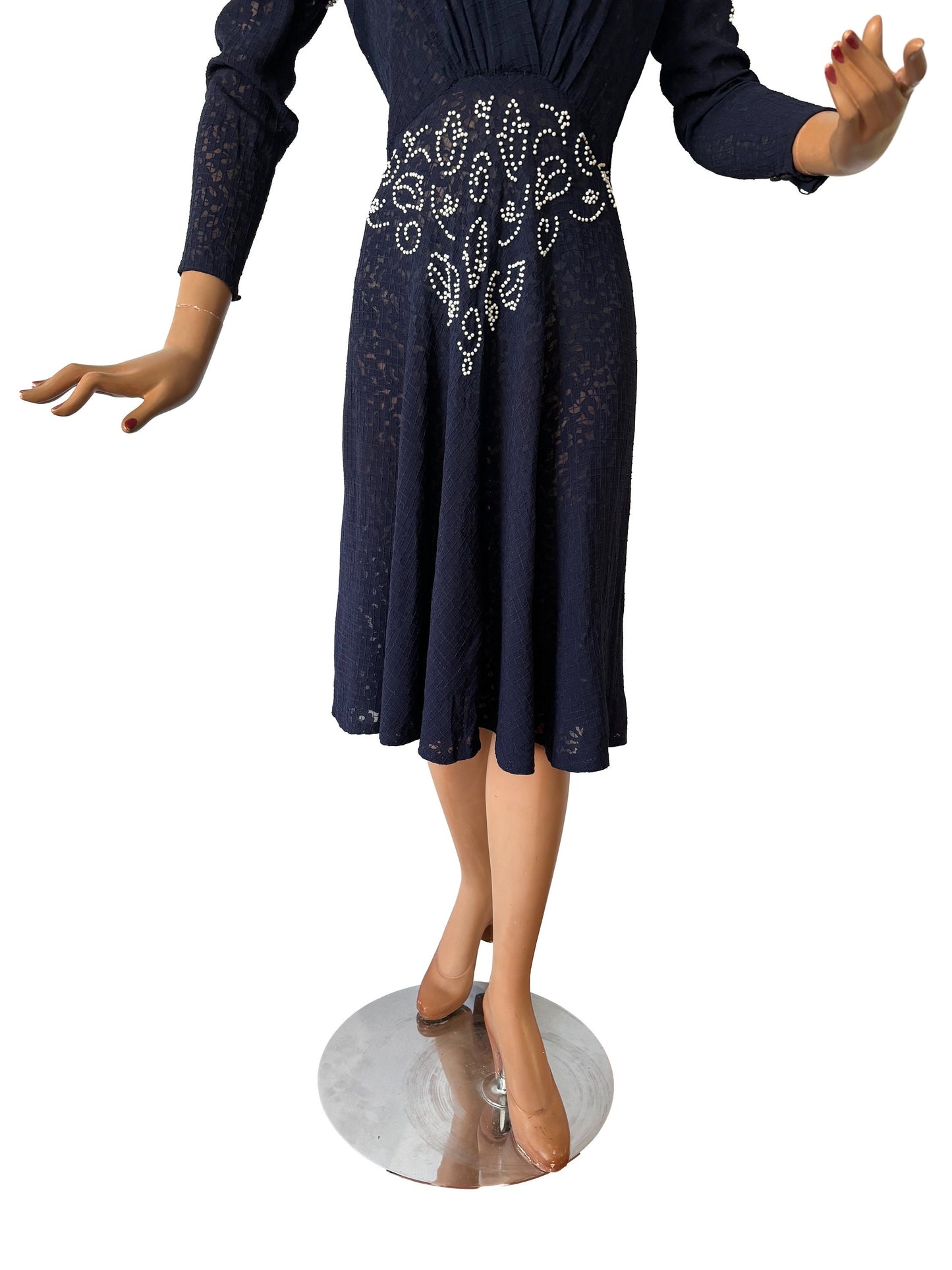 1940s Navy Blue Lace Glass Beaded Dress | L