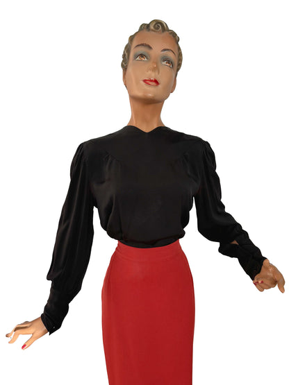 1940s Black Crepe Rayon Blouse | S