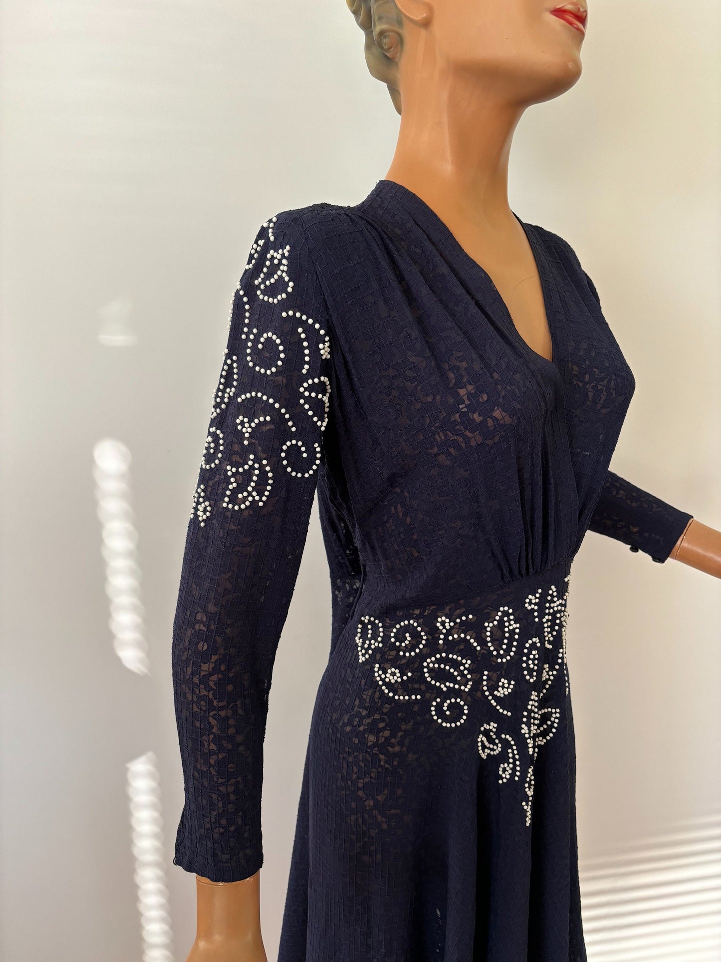 1940s Navy Blue Lace Glass Beaded Dress | L