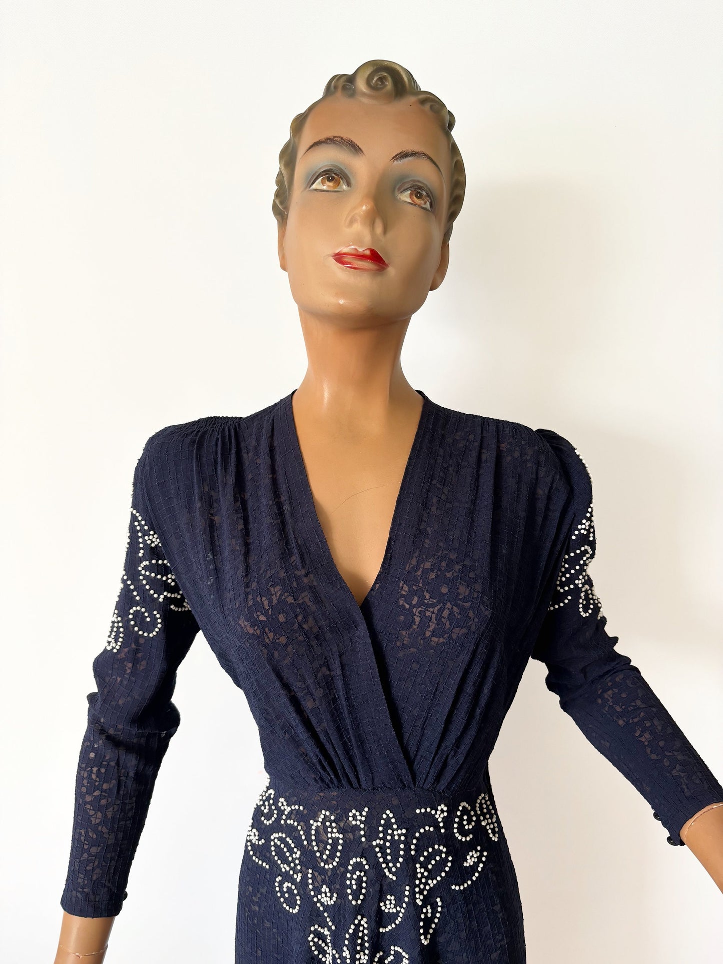 1940s Navy Blue Lace Glass Beaded Dress | L