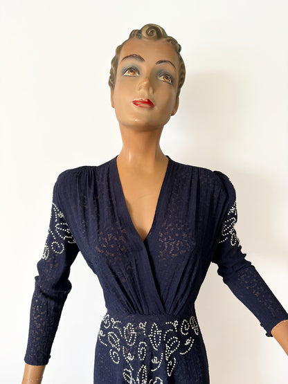 1940s Navy Blue Lace Glass Beaded Dress | L