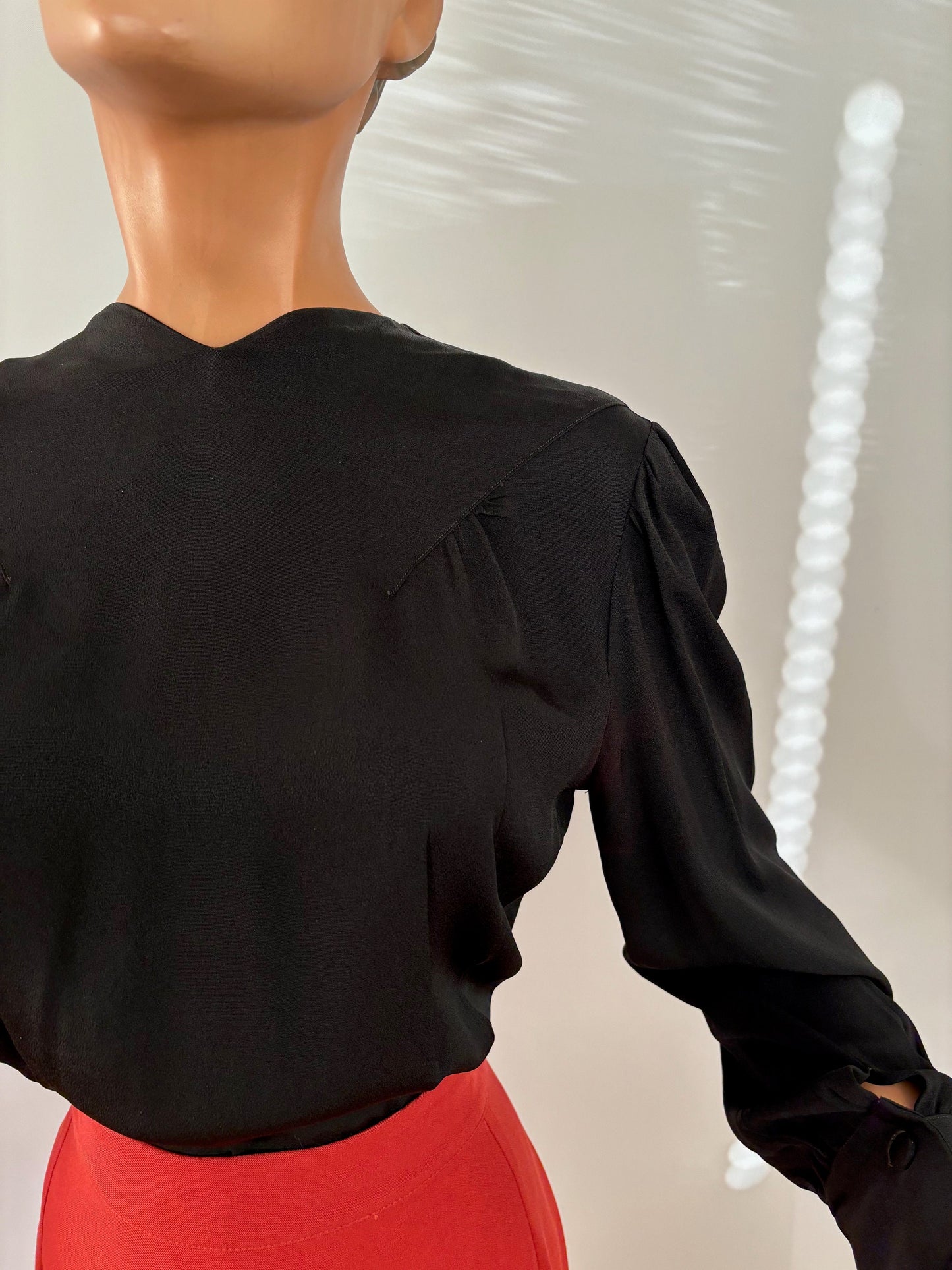 1940s Black Crepe Rayon Blouse | S